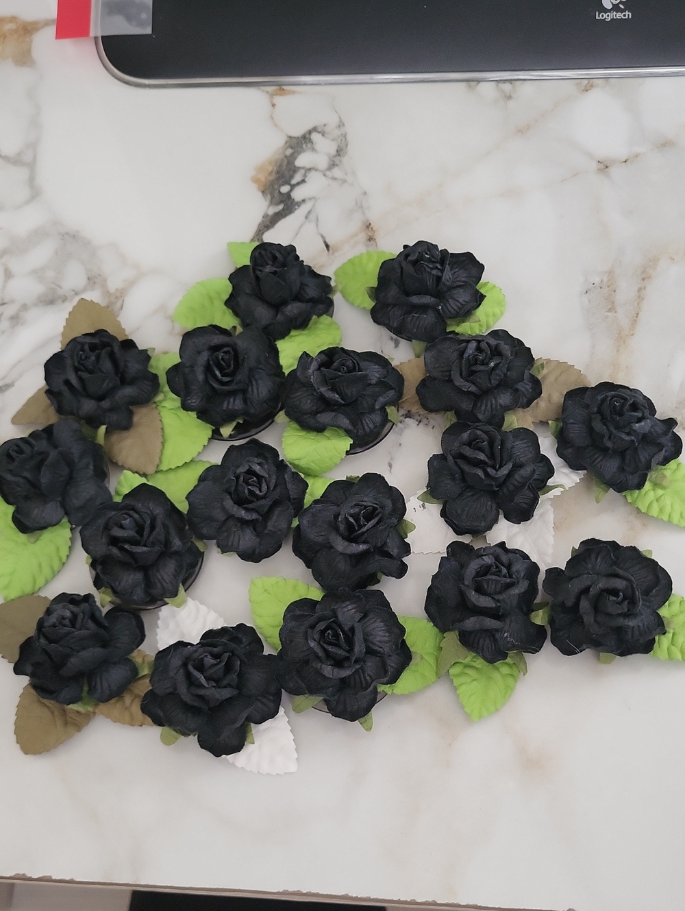 Black Paper Rose Floral Magnets with Green/white  Leaves Set Of 17